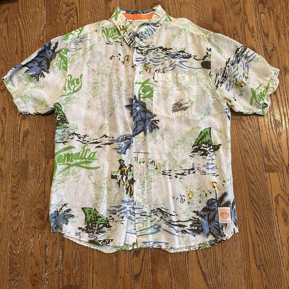 Vintage Live Mechanics Hawaiian‎ Shirt Mens 2XL Linen Embroidered All Over Map - Picture 1 of 12